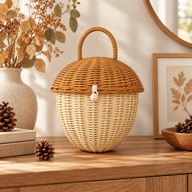 Acorn Shaped Woven Storage Basket with Lid & Handle, Natural Rattan Sealed Organizer Basket with Wooden Bead Closure for Trinkets, Candy & Home Decor -ZENG-091616 Hover Image