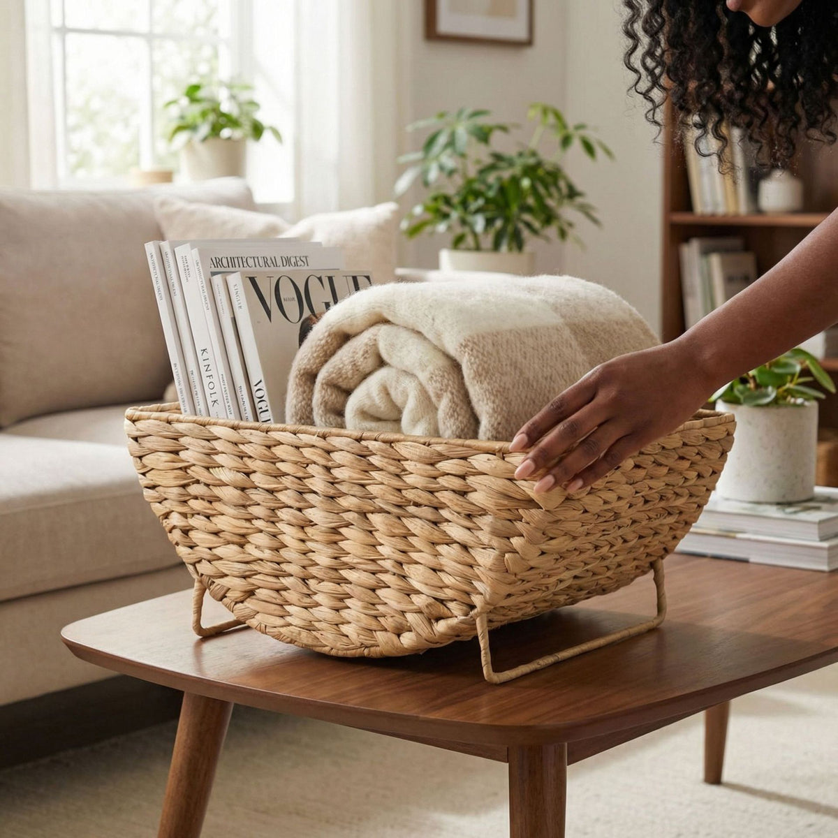 Woven Storage Basket with Metal Stand, Decorative Countertop Organizer for Magazines, Blankets, Fruit, Flowers & Home Storage-cc-091815
