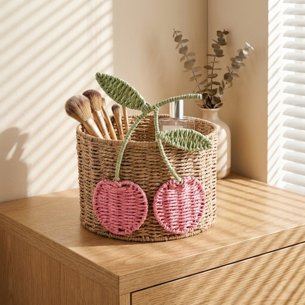 Cherry Woven Storage Basket, Cute Round Organizer Bin for Desk, Nursery, Bedroom & Kids Room-cc-091812