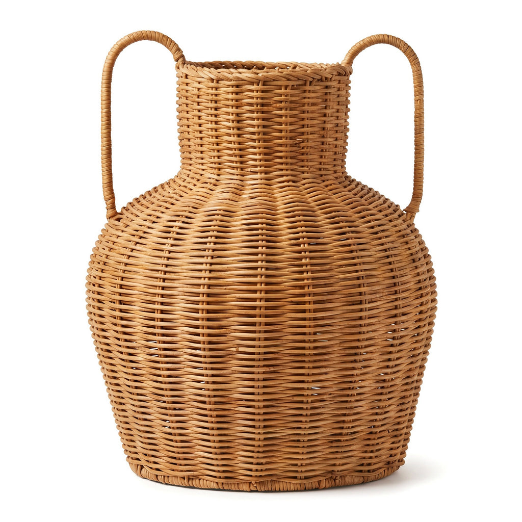Handwoven Wicker Vase with Double Handles, Natural Rattan Flower Pot Holder for Pampas Grass, Dried Flowers & Boho Wabi-sabi Home Decor -ZENG-091617