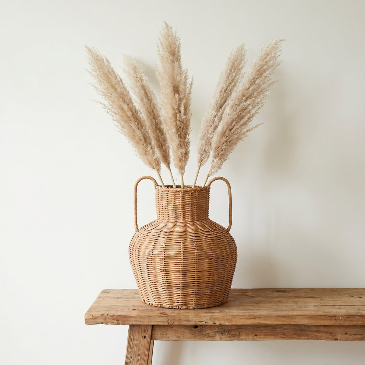 Handwoven Wicker Vase with Double Handles, Natural Rattan Flower Pot Holder for Pampas Grass, Dried Flowers & Boho Wabi-sabi Home Decor -ZENG-091617