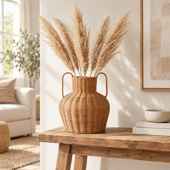 Handwoven Wicker Vase with Double Handles, Natural Rattan Flower Pot Holder for Pampas Grass, Dried Flowers & Boho Wabi-sabi Home Decor -ZENG-091617 Hover Image
