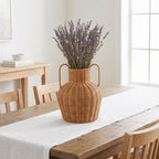 Handwoven Wicker Vase with Double Handles, Natural Rattan Flower Pot Holder for Pampas Grass, Dried Flowers & Boho Wabi-sabi Home Decor -ZENG-091617