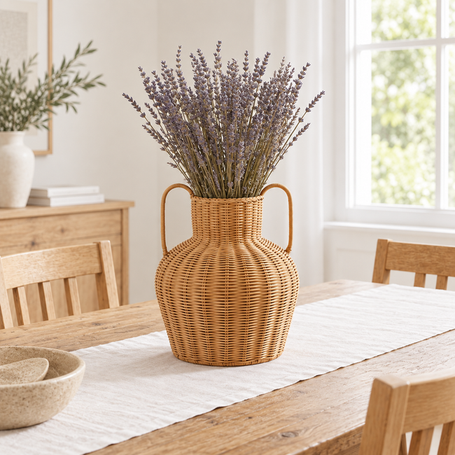 Handwoven Wicker Vase with Double Handles, Natural Rattan Flower Pot Holder for Pampas Grass, Dried Flowers & Boho Wabi-sabi Home Decor -ZENG-091617 Main Image
