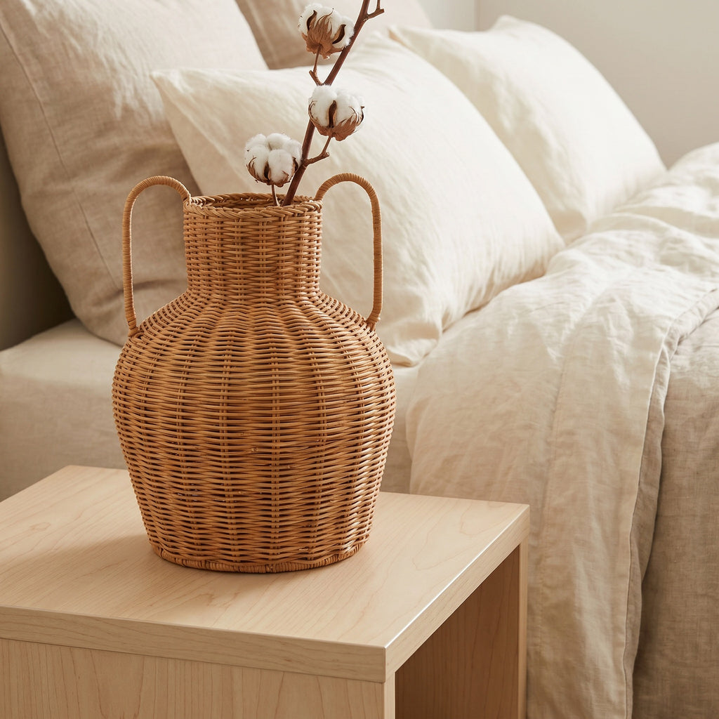 Handwoven Wicker Vase with Double Handles, Natural Rattan Flower Pot Holder for Pampas Grass, Dried Flowers & Boho Wabi-sabi Home Decor -ZENG-091617