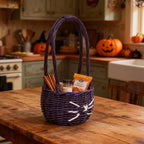 Black Rattan Woven Handled Basket with White Fishbone Stitching, Vintage Picnic and Gift Hamper, Farmhouse Storage Tote -ZENG-091720