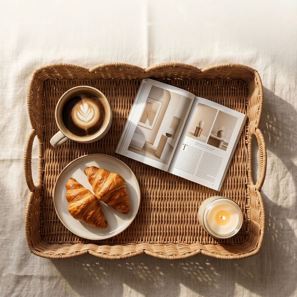 Round Handwoven Wicker Serving Tray with Handles, Natural Rattan Breakfast Tray for Coffee, Croissant, Tea & Home Table Decor -ZENG-091618