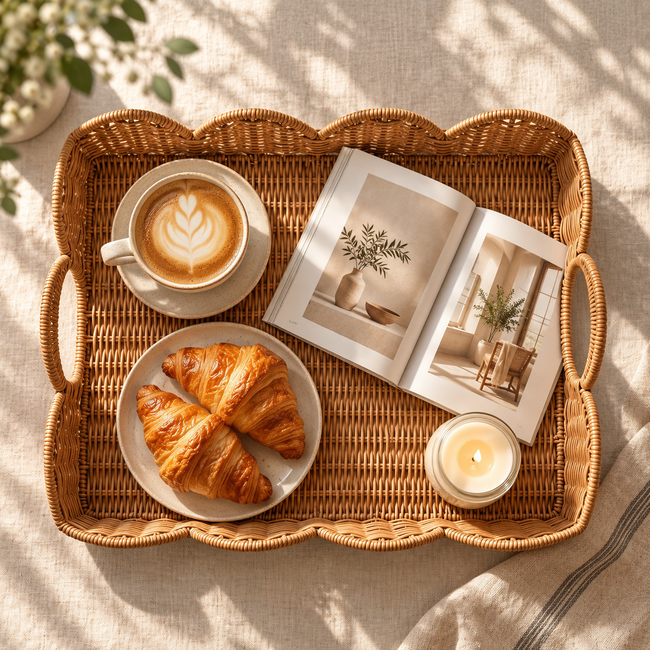 Round Handwoven Wicker Serving Tray with Handles, Natural Rattan Breakfast Tray for Coffee, Croissant, Tea & Home Table Decor -ZENG-091618 Main Image