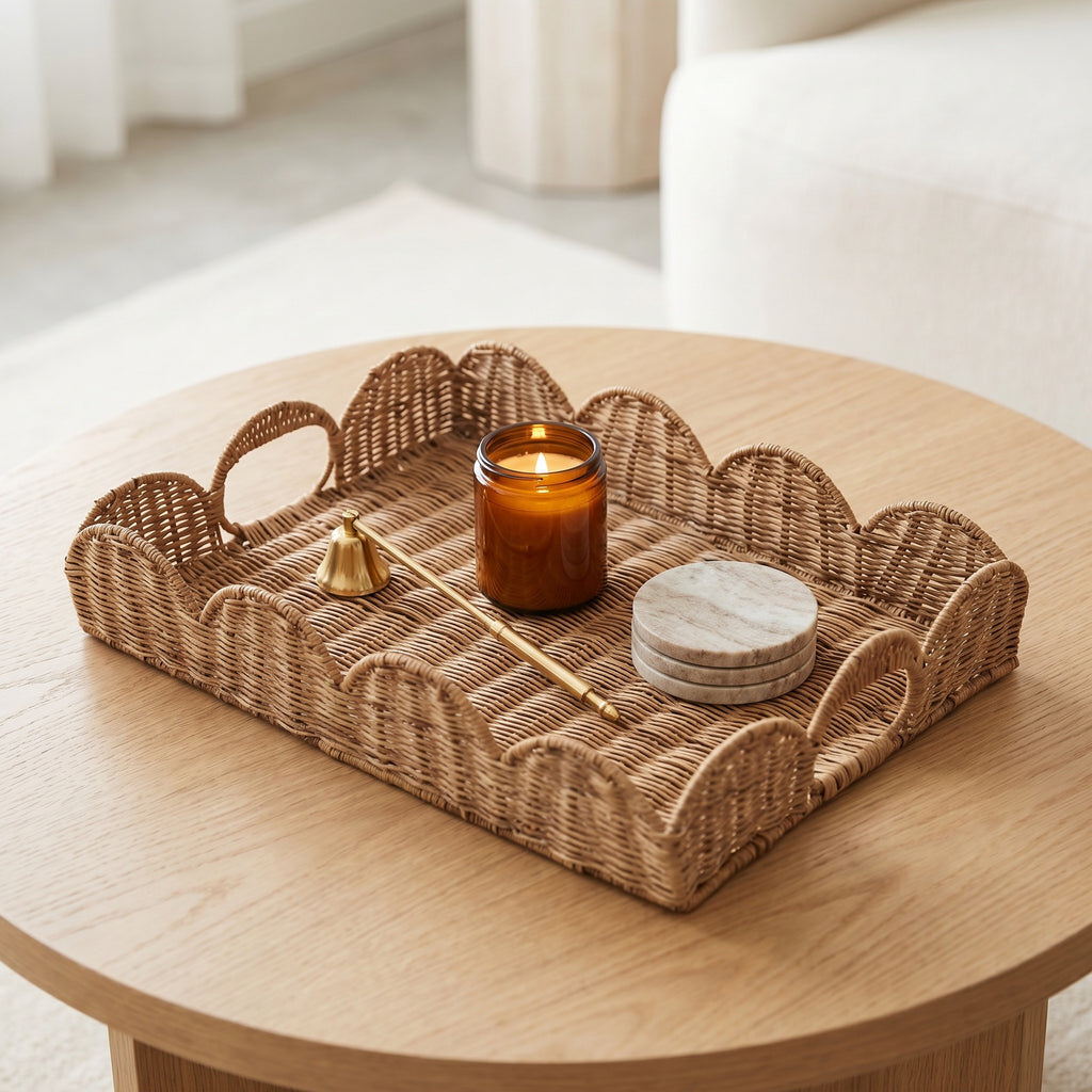 Round Handwoven Wicker Serving Tray with Handles, Natural Rattan Breakfast Tray for Coffee, Croissant, Tea & Home Table Decor -ZENG-091618