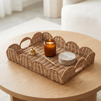 Round Handwoven Wicker Serving Tray with Handles, Natural Rattan Breakfast Tray for Coffee, Croissant, Tea & Home Table Decor -ZENG-091618
