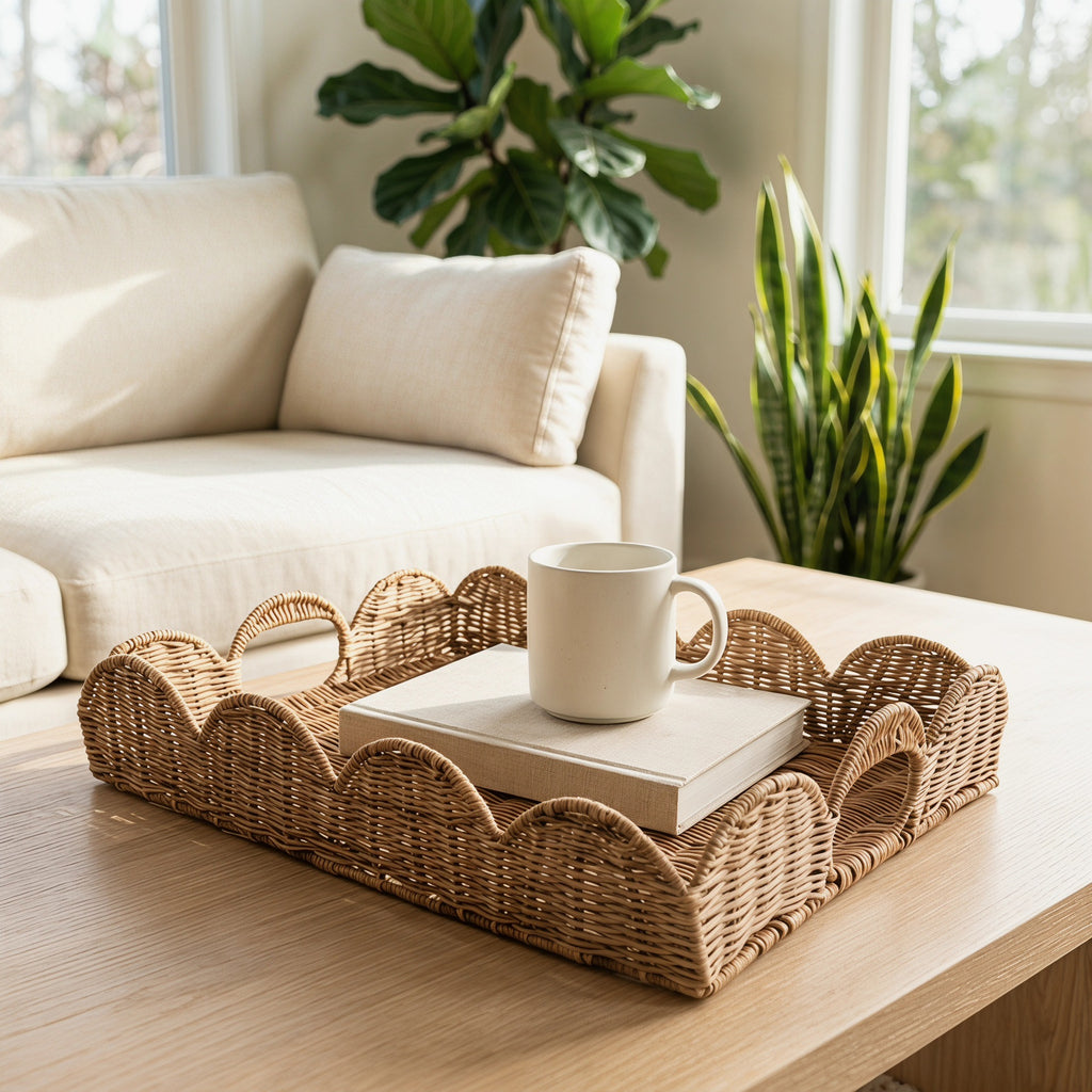 Round Handwoven Wicker Serving Tray with Handles, Natural Rattan Breakfast Tray for Coffee, Croissant, Tea & Home Table Decor -ZENG-091618