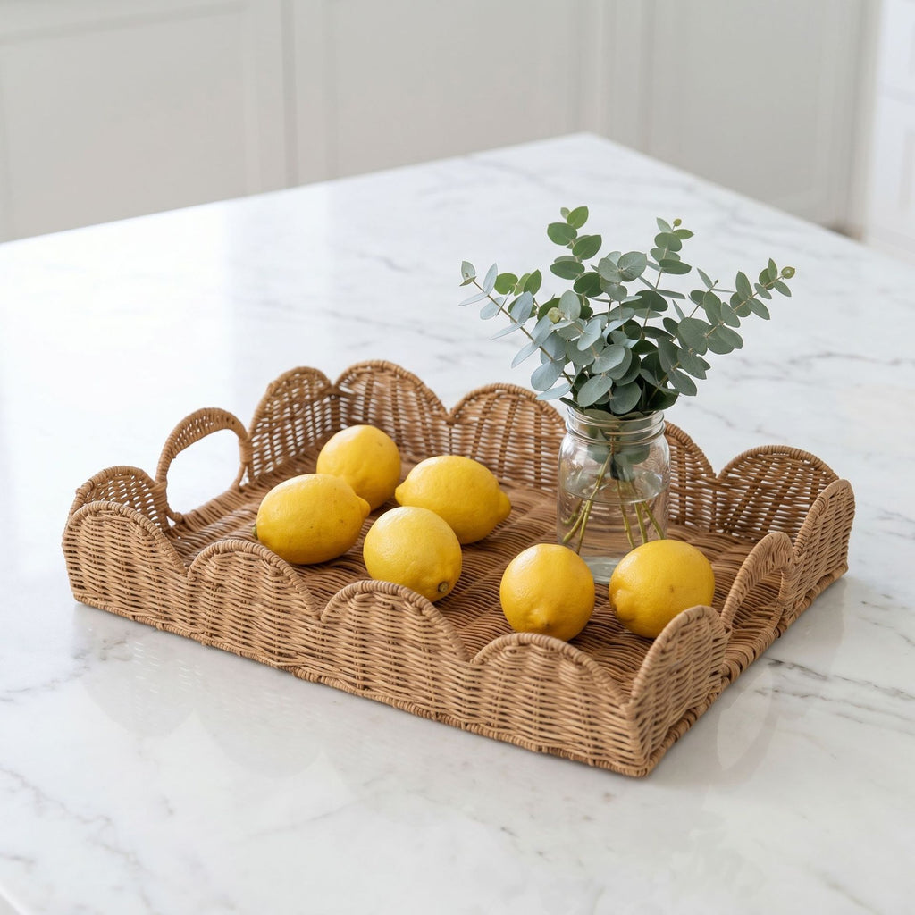 Round Handwoven Wicker Serving Tray with Handles, Natural Rattan Breakfast Tray for Coffee, Croissant, Tea & Home Table Decor -ZENG-091618