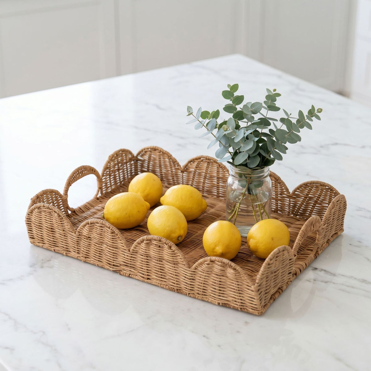 Round Handwoven Wicker Serving Tray with Handles, Natural Rattan Breakfast Tray for Coffee, Croissant, Tea & Home Table Decor -ZENG-091618