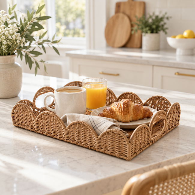 Round Handwoven Wicker Serving Tray with Handles, Natural Rattan Breakfast Tray for Coffee, Croissant, Tea & Home Table Decor -ZENG-091618 Hover Image