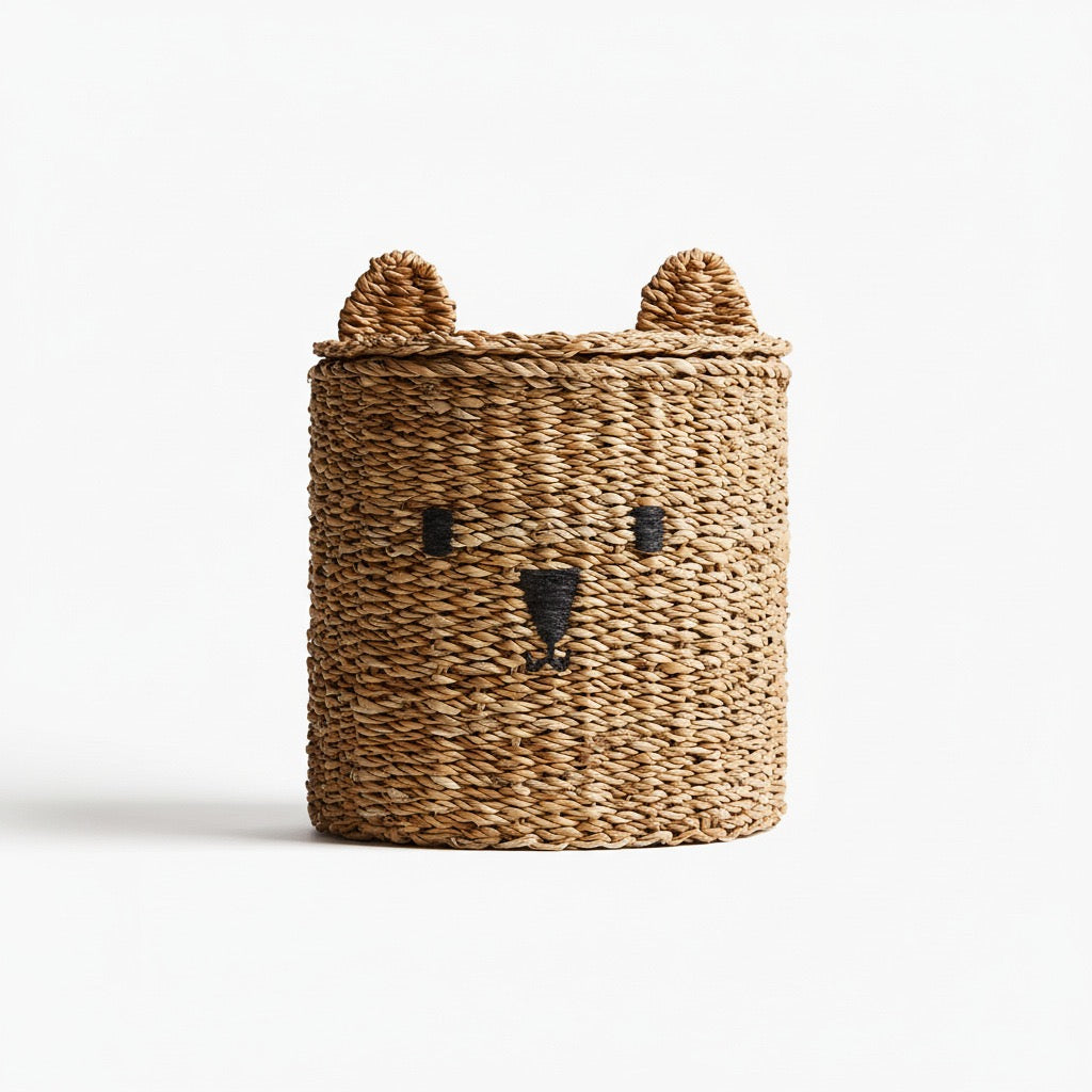 Cute Bear Woven Storage Basket with Lid – Kids Room Toy & Nursery Organizer
