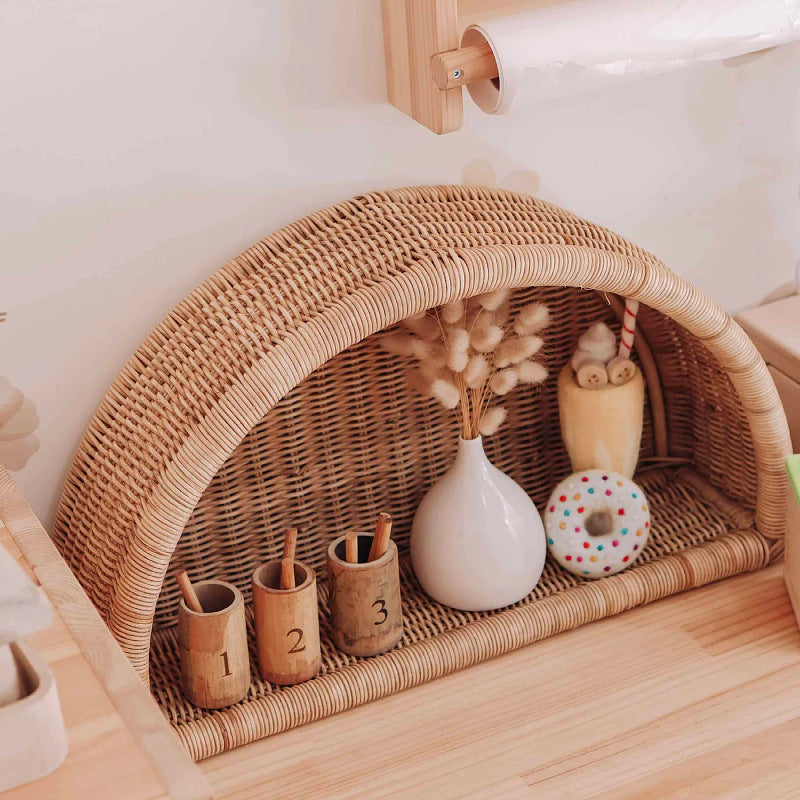 Arch Shape Wicker Desk Organizer Basket, Handwoven Rattan Storage Basket for Pencil Holder, Flowers & Desk Accessories, Boho Office Decor -ZENG-091619