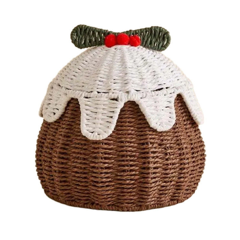 Christmas Pudding Shaped Wicker Basket with Holly Decor & Red Berries, Handwoven Rattan Holiday Storage Basket for Candy, Gifts & Xmas Table Decor -ZENG-091723
