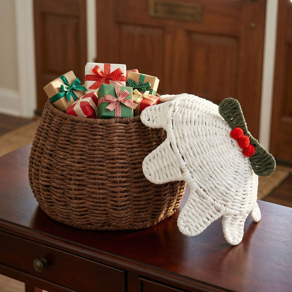 Christmas Pudding Shaped Wicker Basket with Holly Decor & Red Berries, Handwoven Rattan Holiday Storage Basket for Candy, Gifts & Xmas Table Decor -ZENG-091723