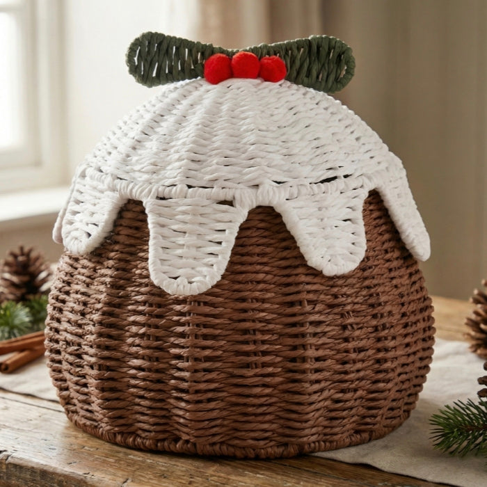 Christmas Pudding Shaped Wicker Basket with Holly Decor & Red Berries, Handwoven Rattan Holiday Storage Basket for Candy, Gifts & Xmas Table Decor -ZENG-091723