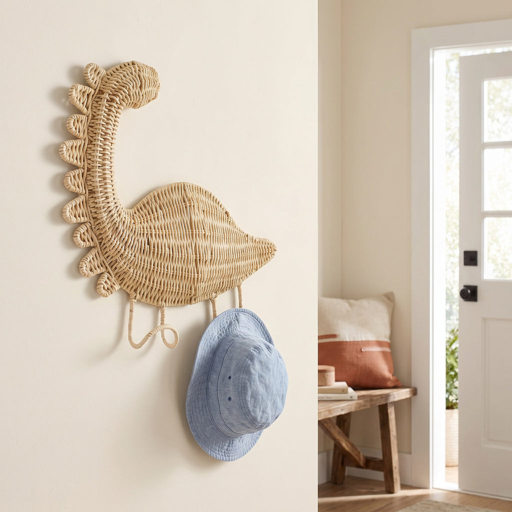 Dinosaur Shaped Woven Wall Hook, Handmade Wicker Coat Hat Hook with Single Peg, Cute Kids Room Entryway & Nursery Decor -ZENG-091620