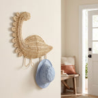 Dinosaur Shaped Woven Wall Hook, Handmade Wicker Coat Hat Hook with Single Peg, Cute Kids Room Entryway & Nursery Decor -ZENG-091620