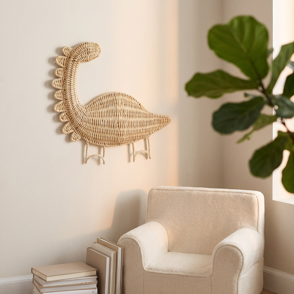 Dinosaur Shaped Woven Wall Hook, Handmade Wicker Coat Hat Hook with Single Peg, Cute Kids Room Entryway & Nursery Decor -ZENG-091620