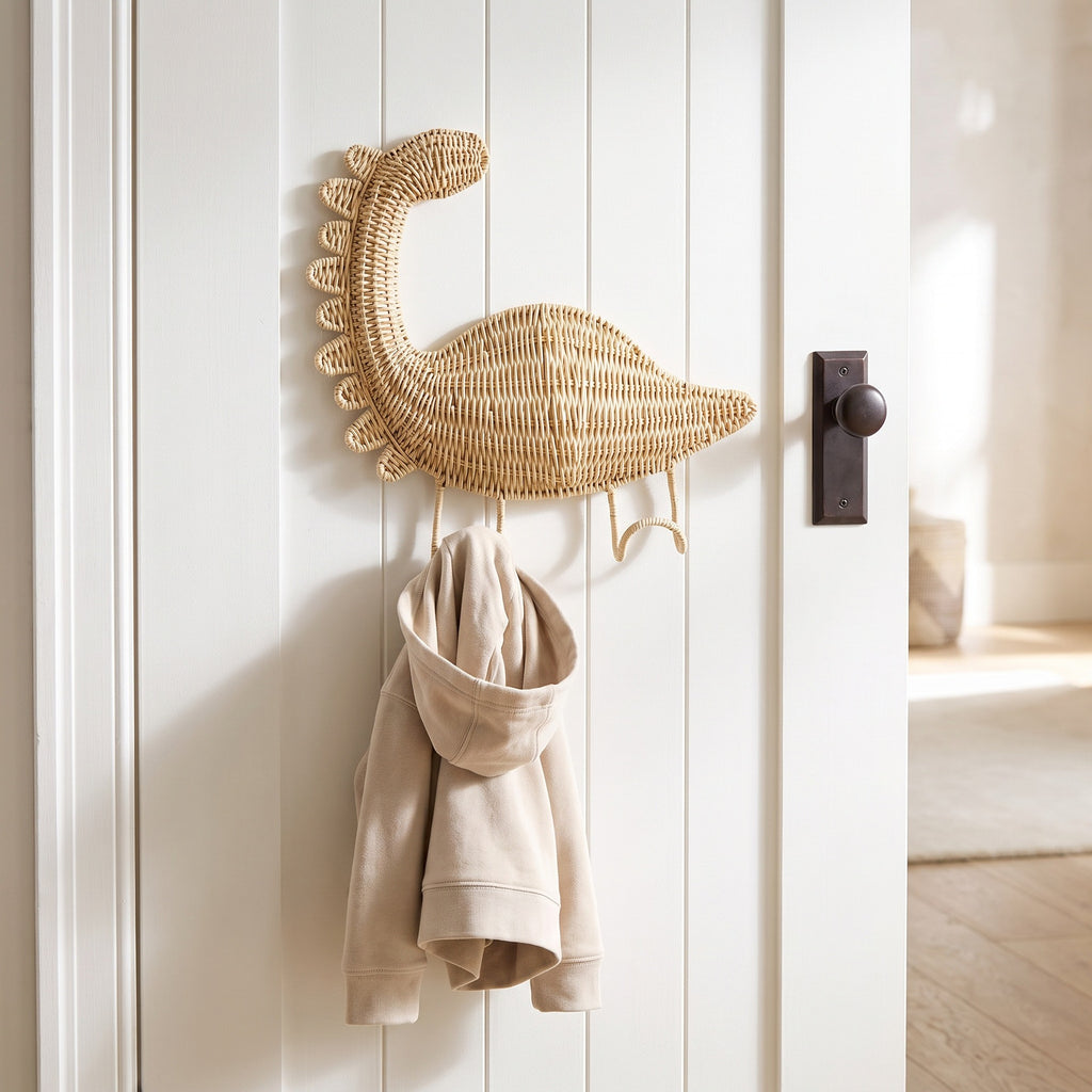 Dinosaur Shaped Woven Wall Hook, Handmade Wicker Coat Hat Hook with Single Peg, Cute Kids Room Entryway & Nursery Decor -ZENG-091620
