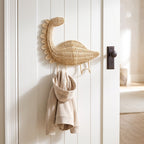 Dinosaur Shaped Woven Wall Hook, Handmade Wicker Coat Hat Hook with Single Peg, Cute Kids Room Entryway & Nursery Decor -ZENG-091620