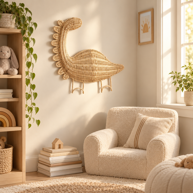 Dinosaur Shaped Woven Wall Hook, Handmade Wicker Coat Hat Hook with Single Peg, Cute Kids Room Entryway & Nursery Decor -ZENG-091620 Hover Image