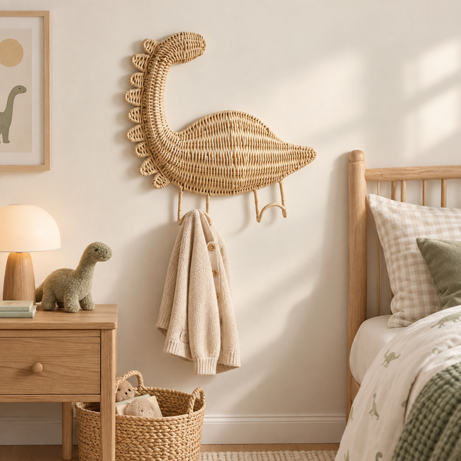 Dinosaur Shaped Woven Wall Hook, Handmade Wicker Coat Hat Hook with Single Peg, Cute Kids Room Entryway & Nursery Decor -ZENG-091620 Main Image