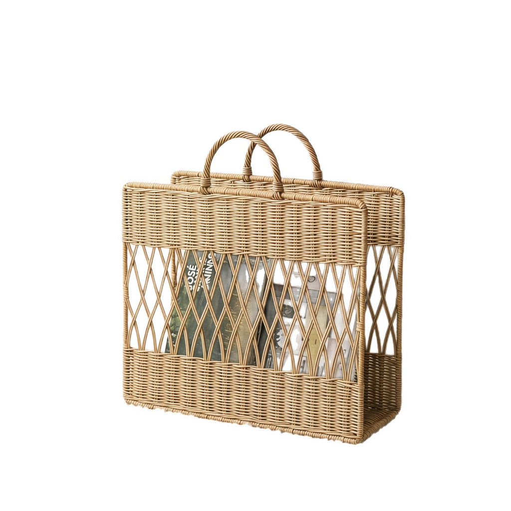 Scandinavian Wicker Storage Basket with Open Weave Top & Dual Handles, Handwoven Rattan Magazine Holder for Blankets, Toys & Nordic Home Decor -ZENG-091621