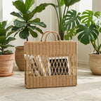 Scandinavian Wicker Storage Basket with Open Weave Top & Dual Handles, Handwoven Rattan Magazine Holder for Blankets, Toys & Nordic Home Decor -ZENG-091621