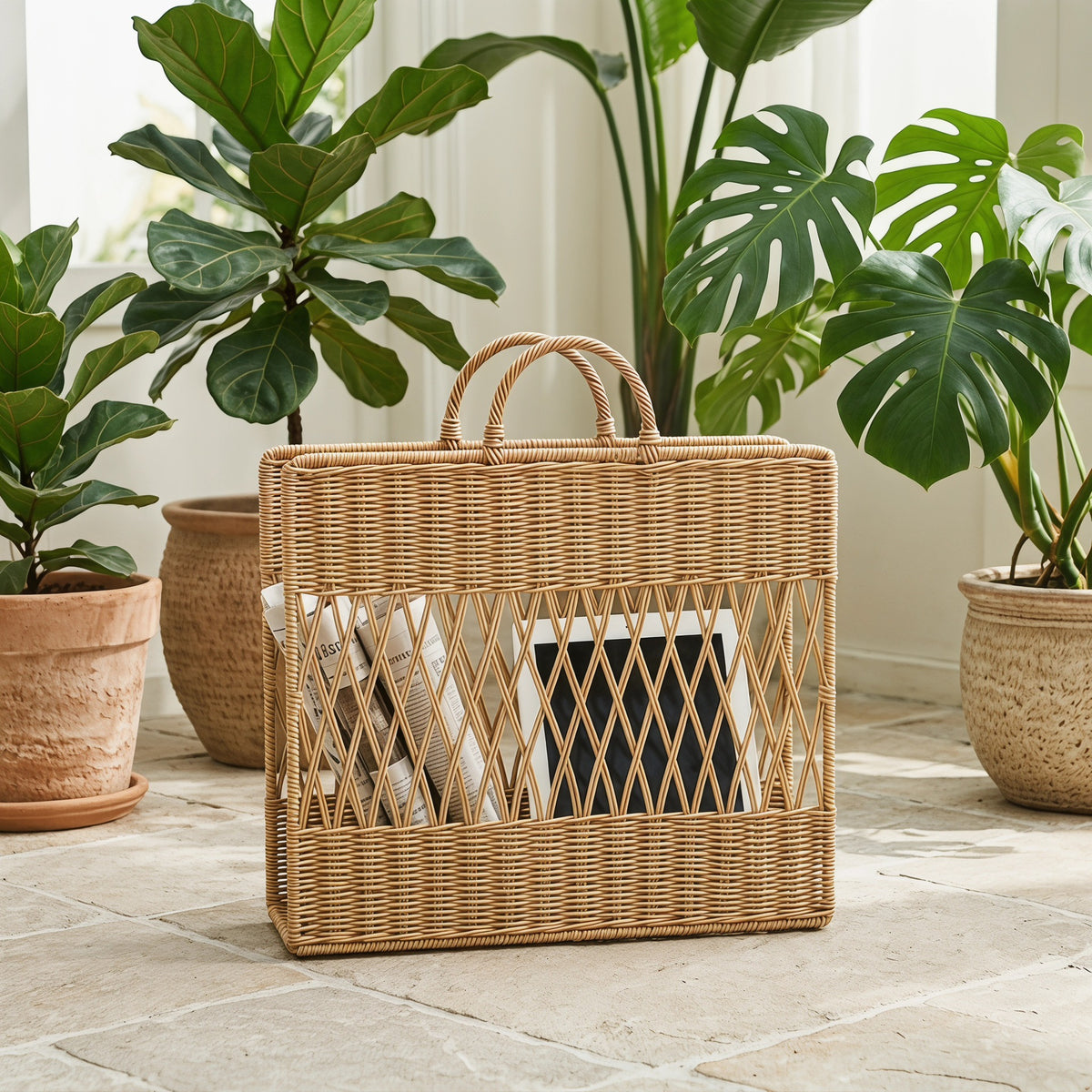 Scandinavian Wicker Storage Basket with Open Weave Top & Dual Handles, Handwoven Rattan Magazine Holder for Blankets, Toys & Nordic Home Decor -ZENG-091621