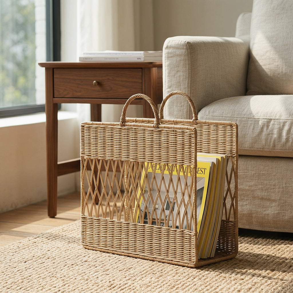 Scandinavian Wicker Storage Basket with Open Weave Top & Dual Handles, Handwoven Rattan Magazine Holder for Blankets, Toys & Nordic Home Decor -ZENG-091621