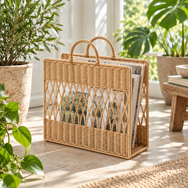 Scandinavian Wicker Storage Basket with Open Weave Top & Dual Handles, Handwoven Rattan Magazine Holder for Blankets, Toys & Nordic Home Decor -ZENG-091621 Hover Image