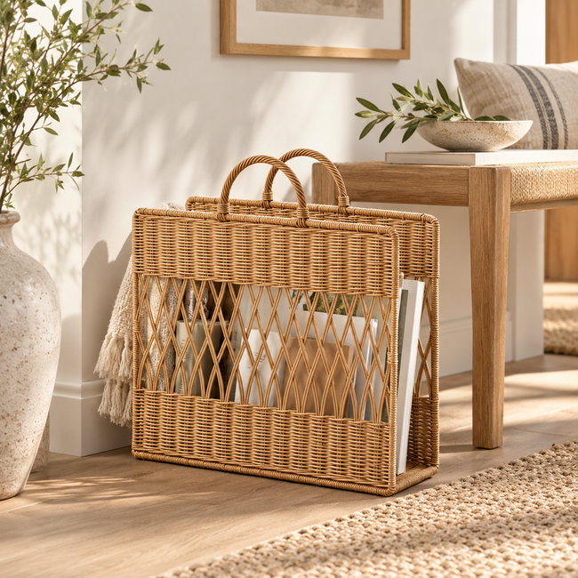 Scandinavian Wicker Storage Basket with Open Weave Top & Dual Handles, Handwoven Rattan Magazine Holder for Blankets, Toys & Nordic Home Decor -ZENG-091621 Main Image