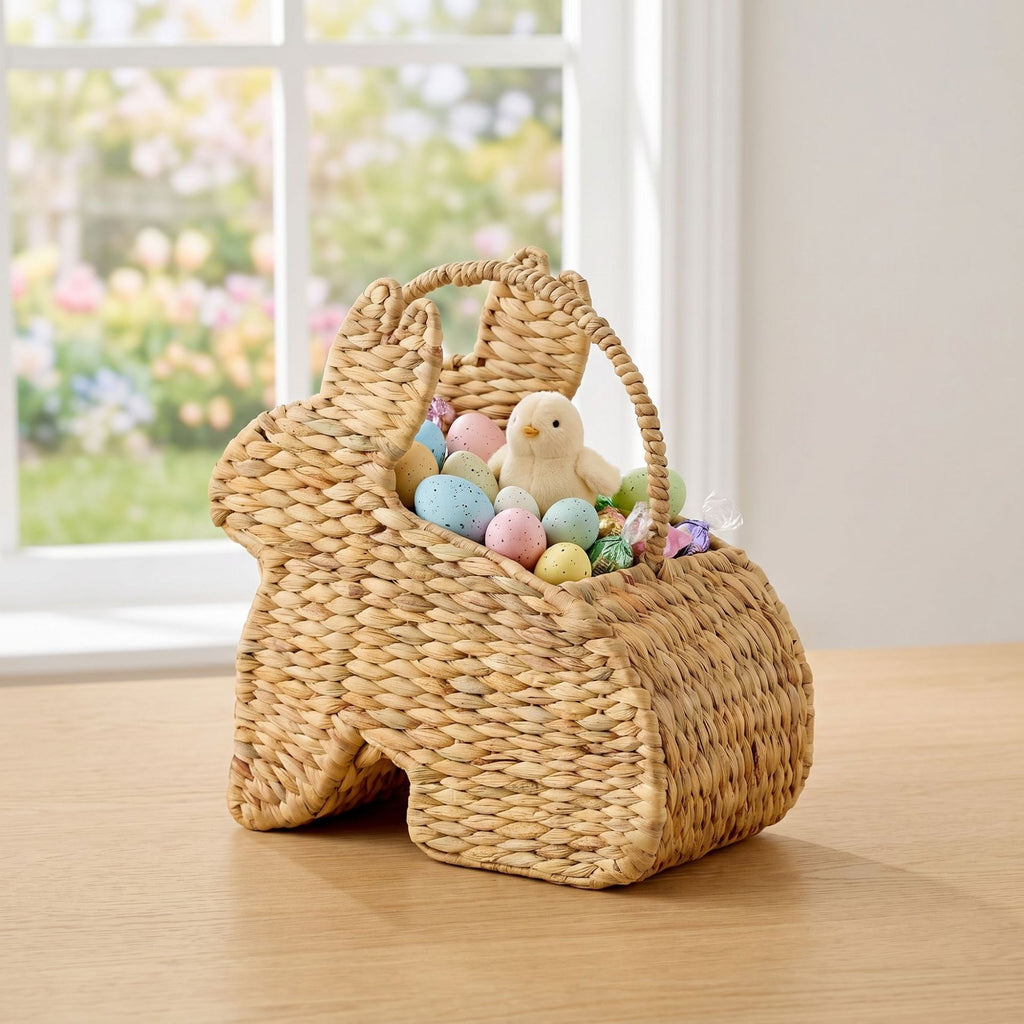 Bunny Shaped Straw Woven Basket with Handle, Handmade Grass Easter Basket for Eggs, Candy & Chick Plush, Spring Holiday Decor -ZENG-091802