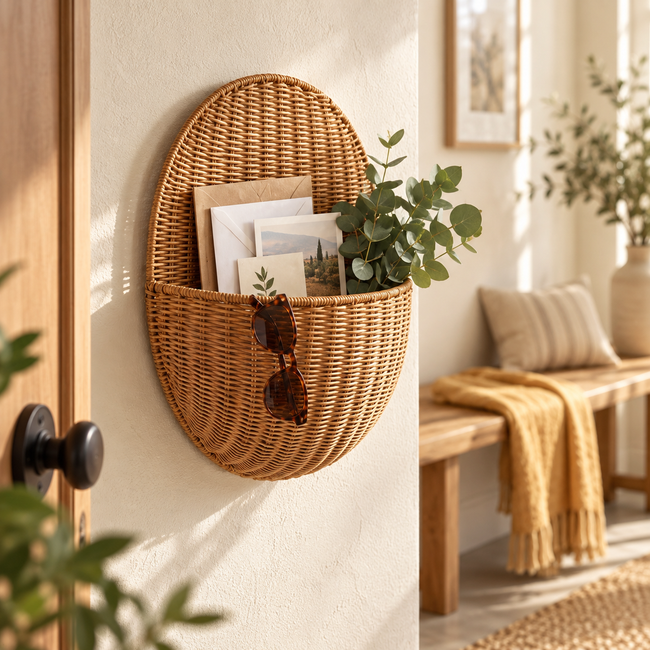 Oval Wicker Wall Hanging Basket with Wooden Tag, Handwoven Rattan Wall Storage with Handle for Keys, Letters, Plants & Boho Entryway Decor -ZENG-091622 Hover Image