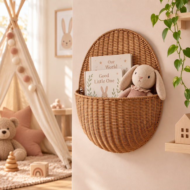 Oval Wicker Wall Hanging Basket with Wooden Tag, Handwoven Rattan Wall Storage with Handle for Keys, Letters, Plants & Boho Entryway Decor -ZENG-091622 Main Image