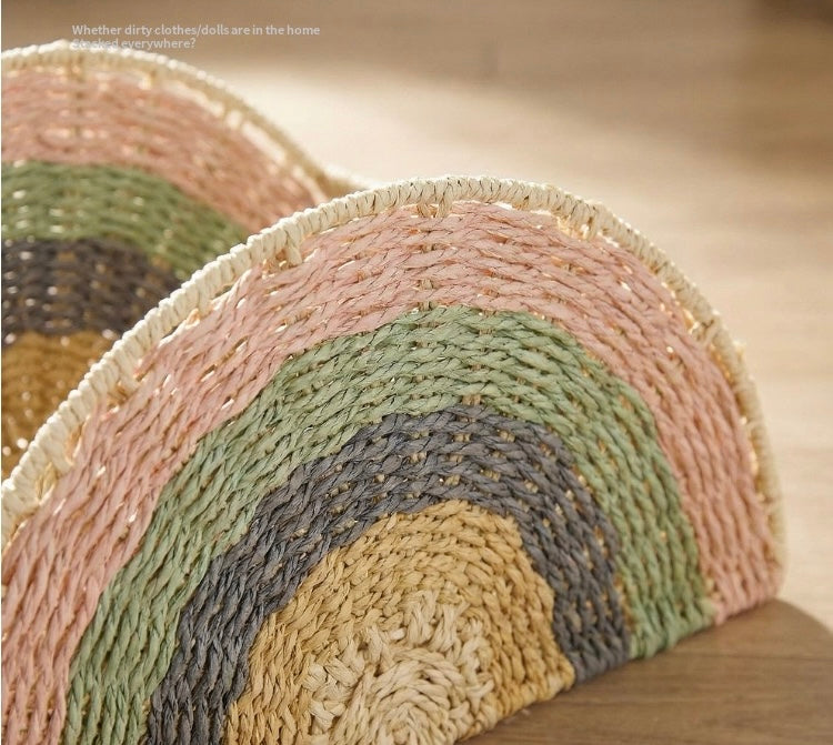 Rainbow Woven Storage Basket for Kids – Toy, Book, Stuffed Animal & Blanket Organizer with Handles for Nursery and Playroom-cc-091712