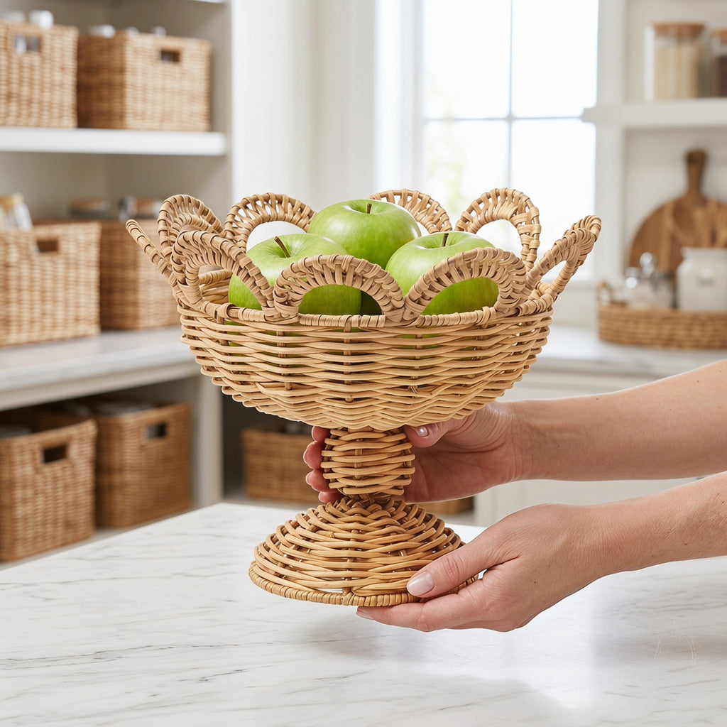 Tall Wicker Bread Basket with Linen Liner & Handles, Handwoven Rattan Sourdough Bread Serving Basket for Kitchen, Farmhouse Table & Bakery Display -ZENG-091623
