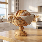 Tall Wicker Bread Basket with Linen Liner & Handles, Handwoven Rattan Sourdough Bread Serving Basket for Kitchen, Farmhouse Table & Bakery Display -ZENG-091623