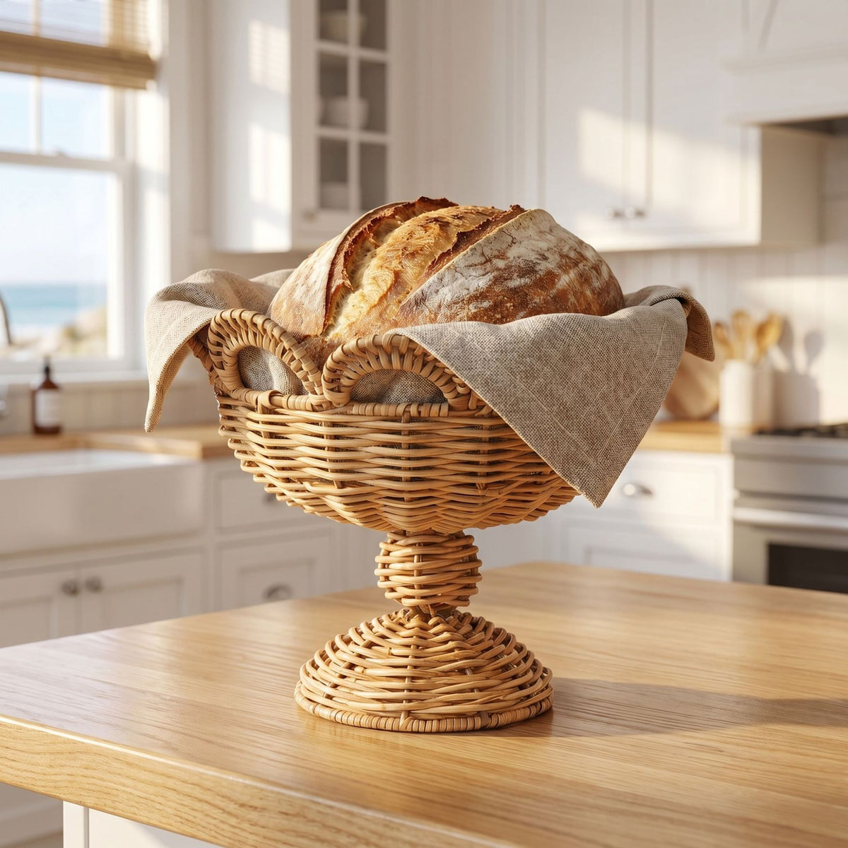 Tall Wicker Bread Basket with Linen Liner & Handles, Handwoven Rattan Sourdough Bread Serving Basket for Kitchen, Farmhouse Table & Bakery Display -ZENG-091623