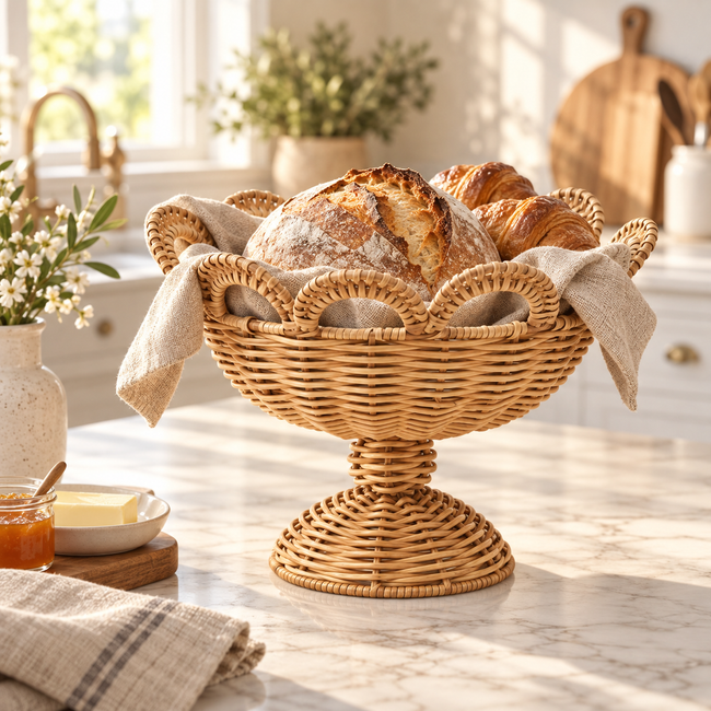 Tall Wicker Bread Basket with Linen Liner & Handles, Handwoven Rattan Sourdough Bread Serving Basket for Kitchen, Farmhouse Table & Bakery Display -ZENG-091623 Hover Image