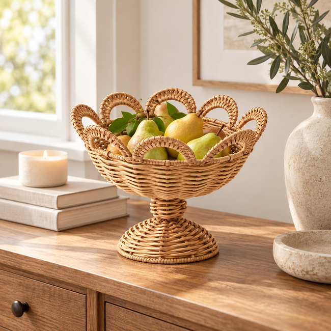 Tall Wicker Bread Basket with Linen Liner & Handles, Handwoven Rattan Sourdough Bread Serving Basket for Kitchen, Farmhouse Table & Bakery Display -ZENG-091623 Main Image