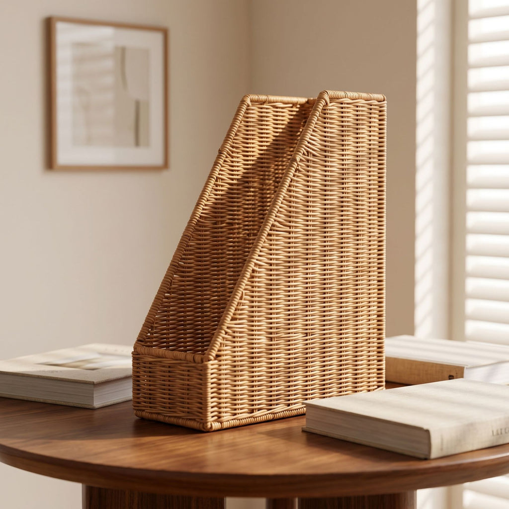 Handwoven Wicker File Organizer Basket, Vertical Rattan Magazine Holder with Open Top for Letters, Documents & Desk Home Office Storage -ZENG-091624