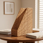 Handwoven Wicker File Organizer Basket, Vertical Rattan Magazine Holder with Open Top for Letters, Documents & Desk Home Office Storage -ZENG-091624