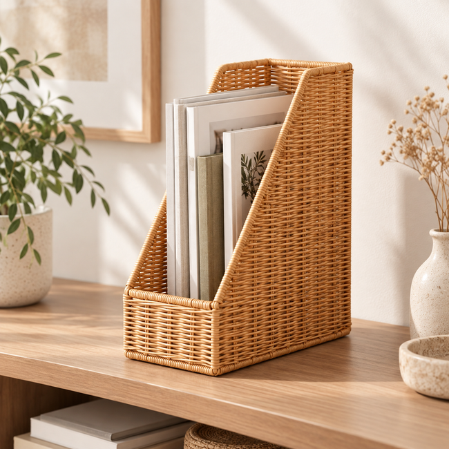 Handwoven Wicker File Organizer Basket, Vertical Rattan Magazine Holder with Open Top for Letters, Documents & Desk Home Office Storage -ZENG-091624 Hover Image
