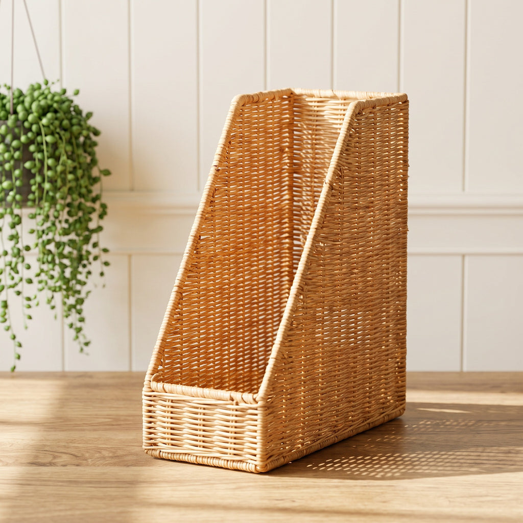 Handwoven Wicker File Organizer Basket, Vertical Rattan Magazine Holder with Open Top for Letters, Documents & Desk Home Office Storage -ZENG-091624