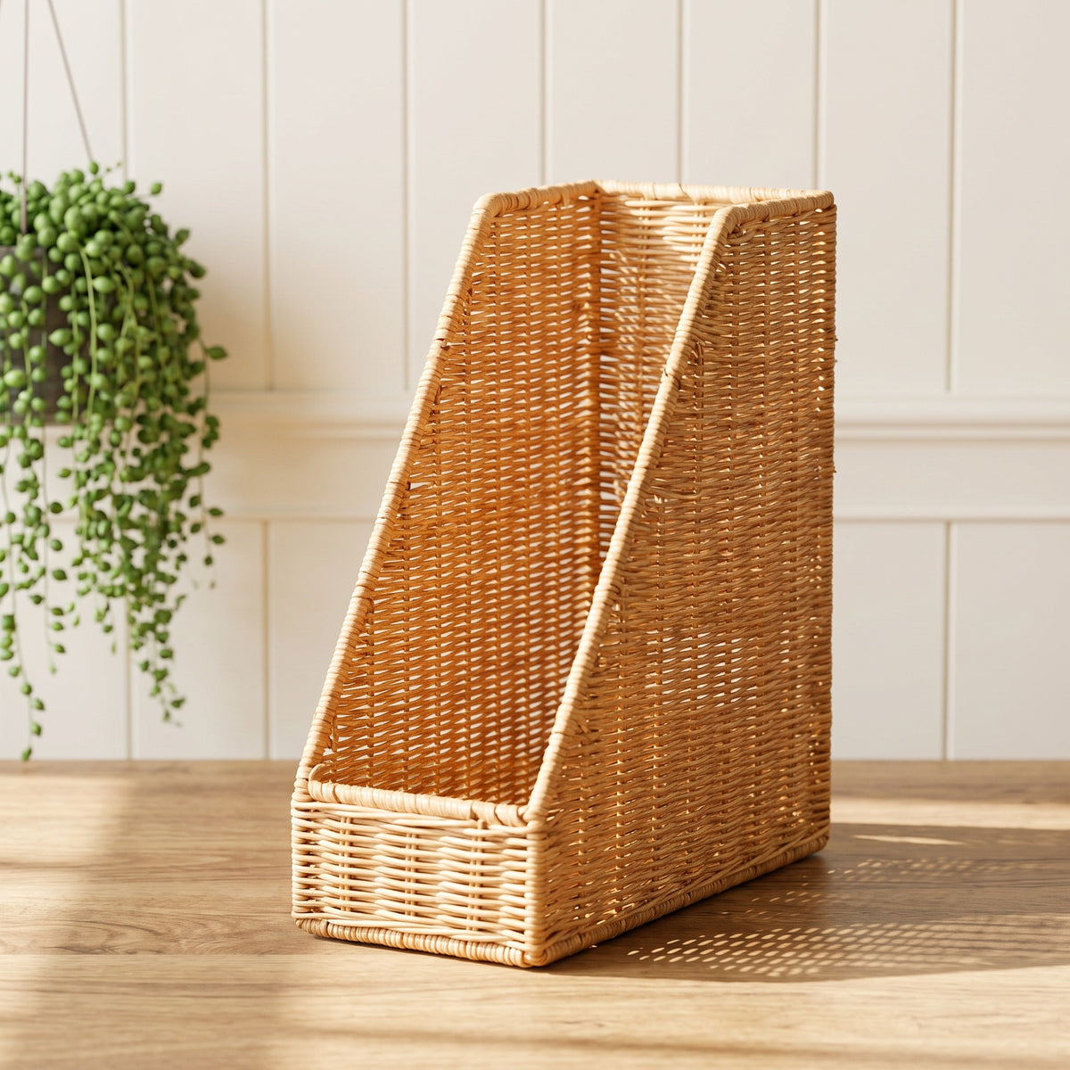 Handwoven Wicker File Organizer Basket, Vertical Rattan Magazine Holder with Open Top for Letters, Documents & Desk Home Office Storage -ZENG-091624